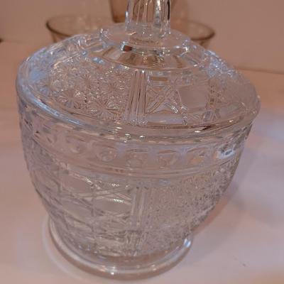 Vintage glass lidded candy dish - 8 amber glass custard cups and a silver-colored tiered platter.
