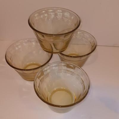 Vintage glass lidded candy dish - 8 amber glass custard cups and a silver-colored tiered platter.