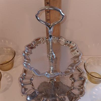 Vintage glass lidded candy dish - 8 amber glass custard cups and a silver-colored tiered platter.
