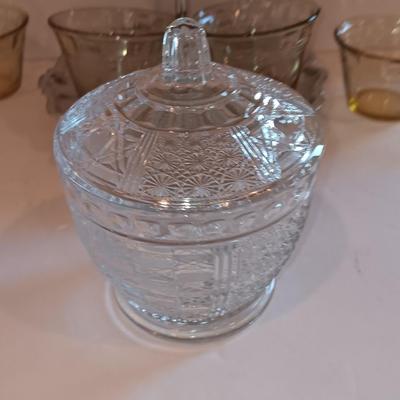 Vintage glass lidded candy dish - 8 amber glass custard cups and a silver-colored tiered platter.
