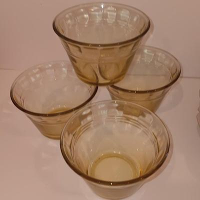 Vintage glass lidded candy dish - 8 amber glass custard cups and a silver-colored tiered platter.