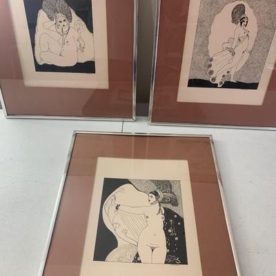 3 Original Pen & Ink Risqué Vintage Art -Signed Sousa