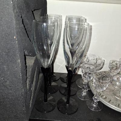 6 black stem champagne glasses