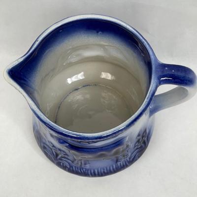 Vintage Saly Glaze Stoneware Pottery Blue White Milk PItcher Cow