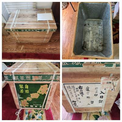 Vintage Metal Lined Japanese Tea Transport Shipping Crate Trunk