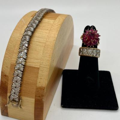 LOT 337: Gold Vermeil Sterling Silver - featuring Ruby Cluster Ring by Ross Simmons and a CZ bracelet and ring -34.24 gtw !