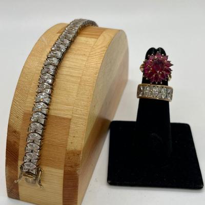 LOT 337: Gold Vermeil Sterling Silver - featuring Ruby Cluster Ring by Ross Simmons and a CZ bracelet and ring -34.24 gtw !