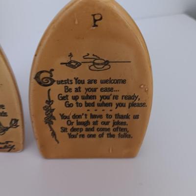 Vintage Iron Salt and Pepper Shakers My House Inscription and ceramic brown floral pair