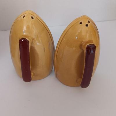 Vintage Iron Salt and Pepper Shakers My House Inscription and ceramic brown floral pair