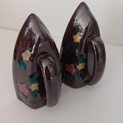 Vintage Iron Salt and Pepper Shakers My House Inscription and ceramic brown floral pair