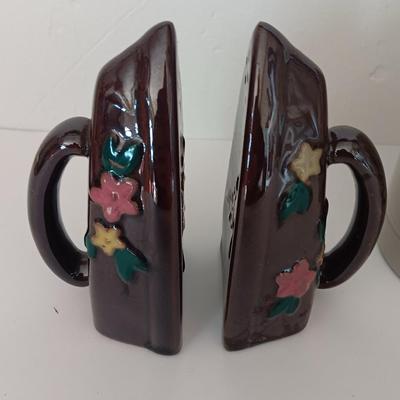 Vintage Iron Salt and Pepper Shakers My House Inscription and ceramic brown floral pair