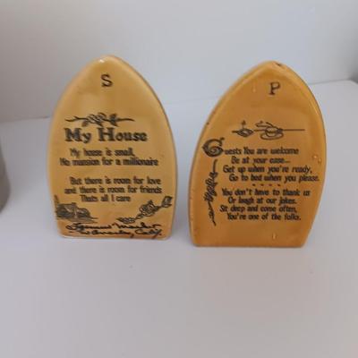 Vintage Iron Salt and Pepper Shakers My House Inscription and ceramic brown floral pair