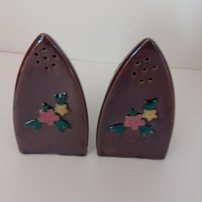 Vintage Iron Salt and Pepper Shakers My House Inscription and ceramic brown floral pair