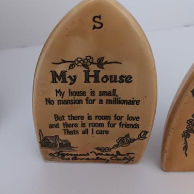 Vintage Iron Salt and Pepper Shakers My House Inscription and ceramic brown floral pair