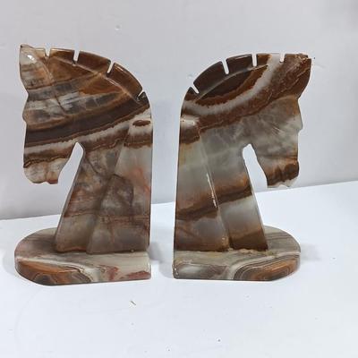 Vintage Onyx stone horse head book ends