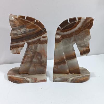 Vintage Onyx stone horse head book ends