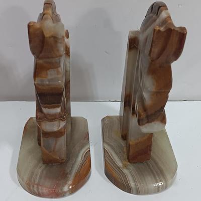 Vintage Onyx stone horse head book ends