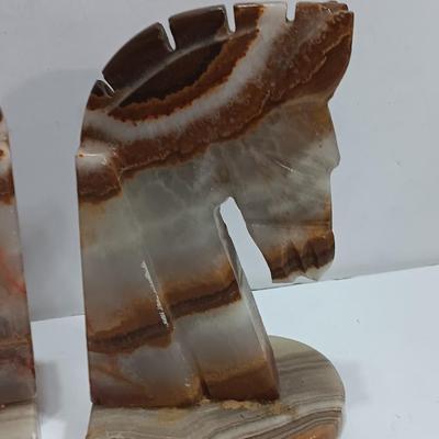 Vintage Onyx stone horse head book ends