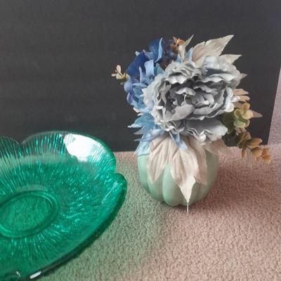 Large 14" Wayne Husted Blenko Glass In Sea Green, Flower dish with blue pumpkin faux florals