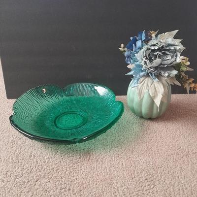 Large 14" Wayne Husted Blenko Glass In Sea Green, Flower dish with blue pumpkin faux florals