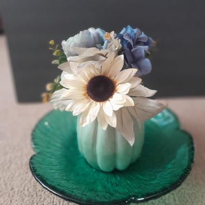 Large 14" Wayne Husted Blenko Glass In Sea Green, Flower dish with blue pumpkin faux florals