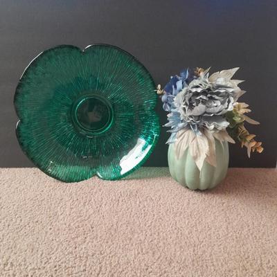 Large 14" Wayne Husted Blenko Glass In Sea Green, Flower dish with blue pumpkin faux florals