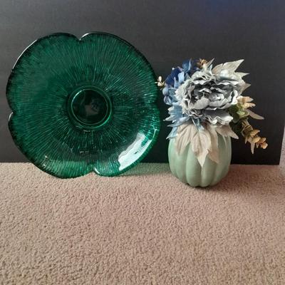 Large 14" Wayne Husted Blenko Glass In Sea Green, Flower dish with blue pumpkin faux florals