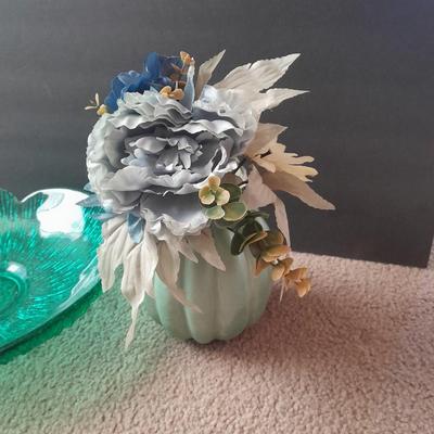 Large 14" Wayne Husted Blenko Glass In Sea Green, Flower dish with blue pumpkin faux florals