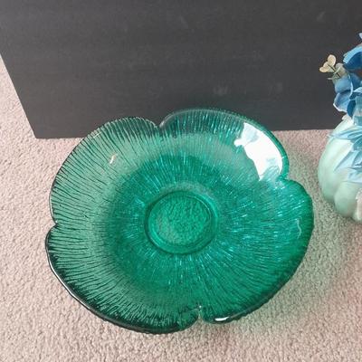 Large 14" Wayne Husted Blenko Glass In Sea Green, Flower dish with blue pumpkin faux florals