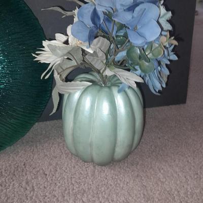 Large 14" Wayne Husted Blenko Glass In Sea Green, Flower dish with blue pumpkin faux florals