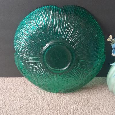 Large 14" Wayne Husted Blenko Glass In Sea Green, Flower dish with blue pumpkin faux florals