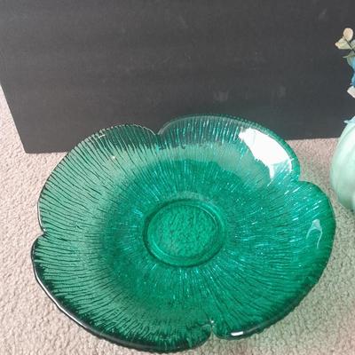 Large 14" Wayne Husted Blenko Glass In Sea Green, Flower dish with blue pumpkin faux florals