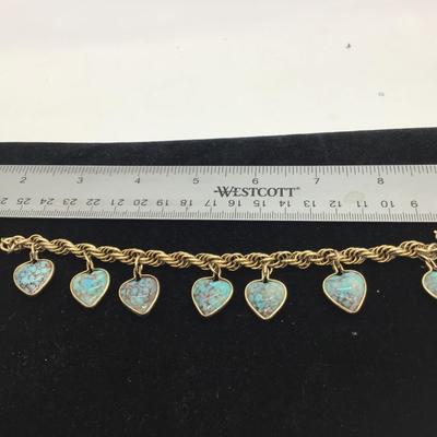 Vintage turquoise, heart type charm bracelet, gold tone