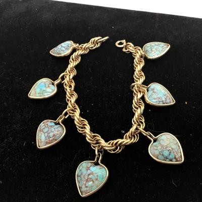 Vintage turquoise, heart type charm bracelet, gold tone