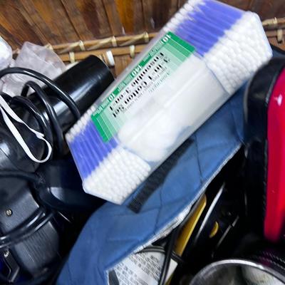 Bathroom Items; Qtips, Hair Dryer, ETC. includes Basket