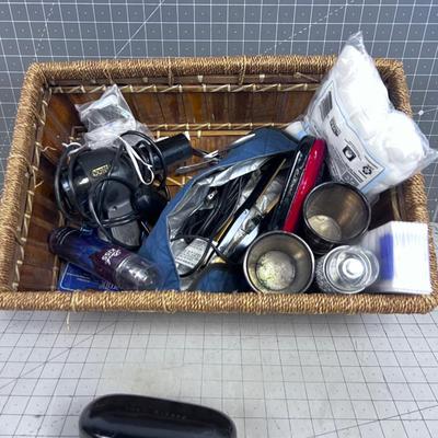 Bathroom Items; Qtips, Hair Dryer, ETC. includes Basket
