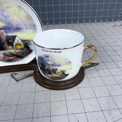 Thomas Kinkaid Light in the Storm Plate and Cup with Stand 