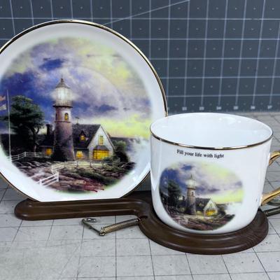 Thomas Kinkaid Light in the Storm Plate and Cup with Stand 