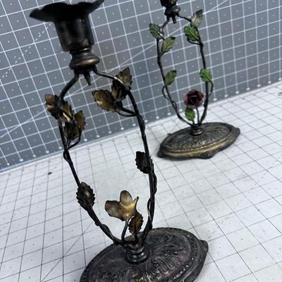 Pair of Art Nouveau Metal Candle Stick set with Roses