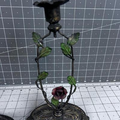 Pair of Art Nouveau Metal Candle Stick set with Roses