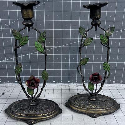 Pair of Art Nouveau Metal Candle Stick set with Roses