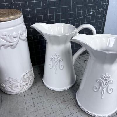 White & Delightsome Ceramic; Pitchers, Vase, Canister