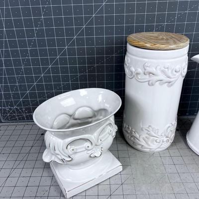 White & Delightsome Ceramic; Pitchers, Vase, Canister