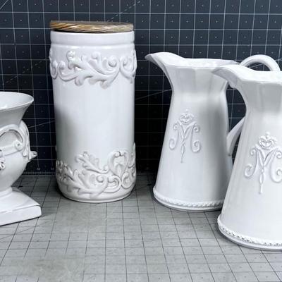 White & Delightsome Ceramic; Pitchers, Vase, Canister