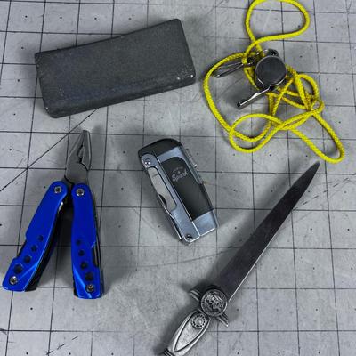 Sharpening Stone, Lighter, Leatherman Plyers etc.