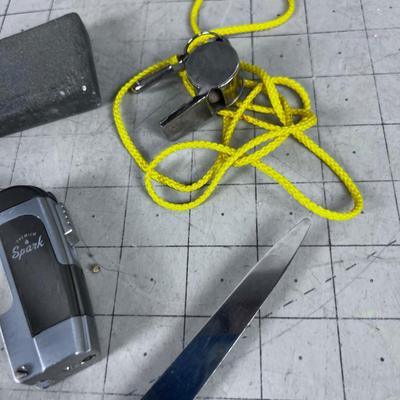 Sharpening Stone, Lighter, Leatherman Plyers etc.