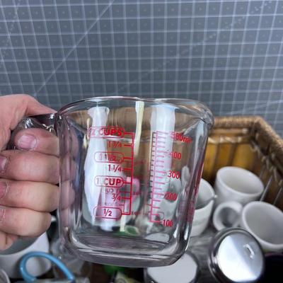 Kitchen Box: Cups, Plates, Measuring Etc. Plus Basket 