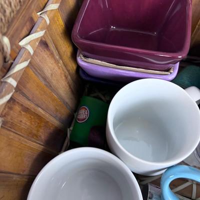Kitchen Box: Cups, Plates, Measuring Etc. Plus Basket 
