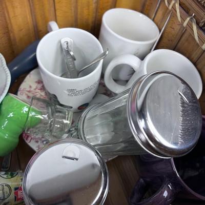 Kitchen Box: Cups, Plates, Measuring Etc. Plus Basket 
