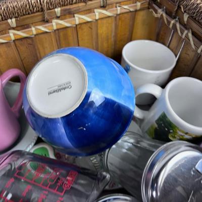 Kitchen Box: Cups, Plates, Measuring Etc. Plus Basket 